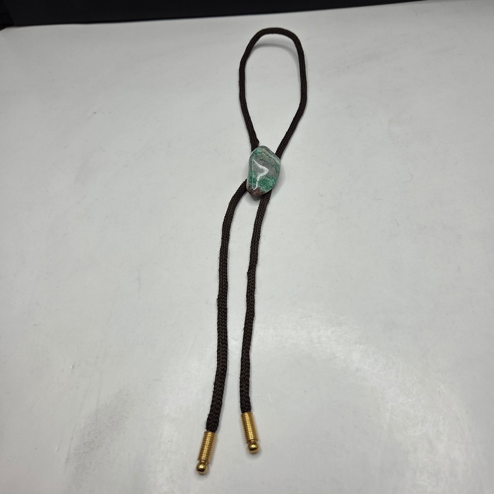 Vintage Bolo Tie Green Agate Stone Brown Braided Cord Gold Tips Western Cowboy